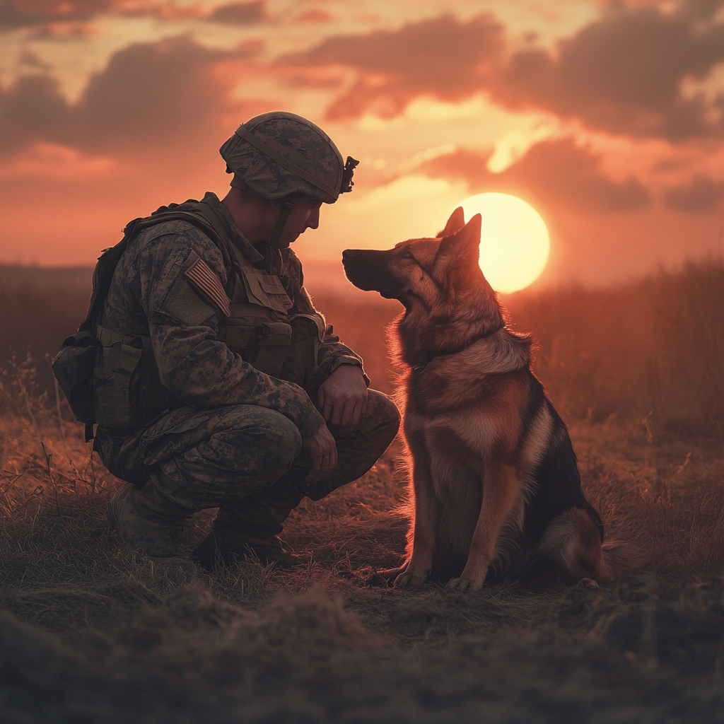 A touching moment between a soldier and his dog, their bond symbolized in a peaceful yet emotional scene.
