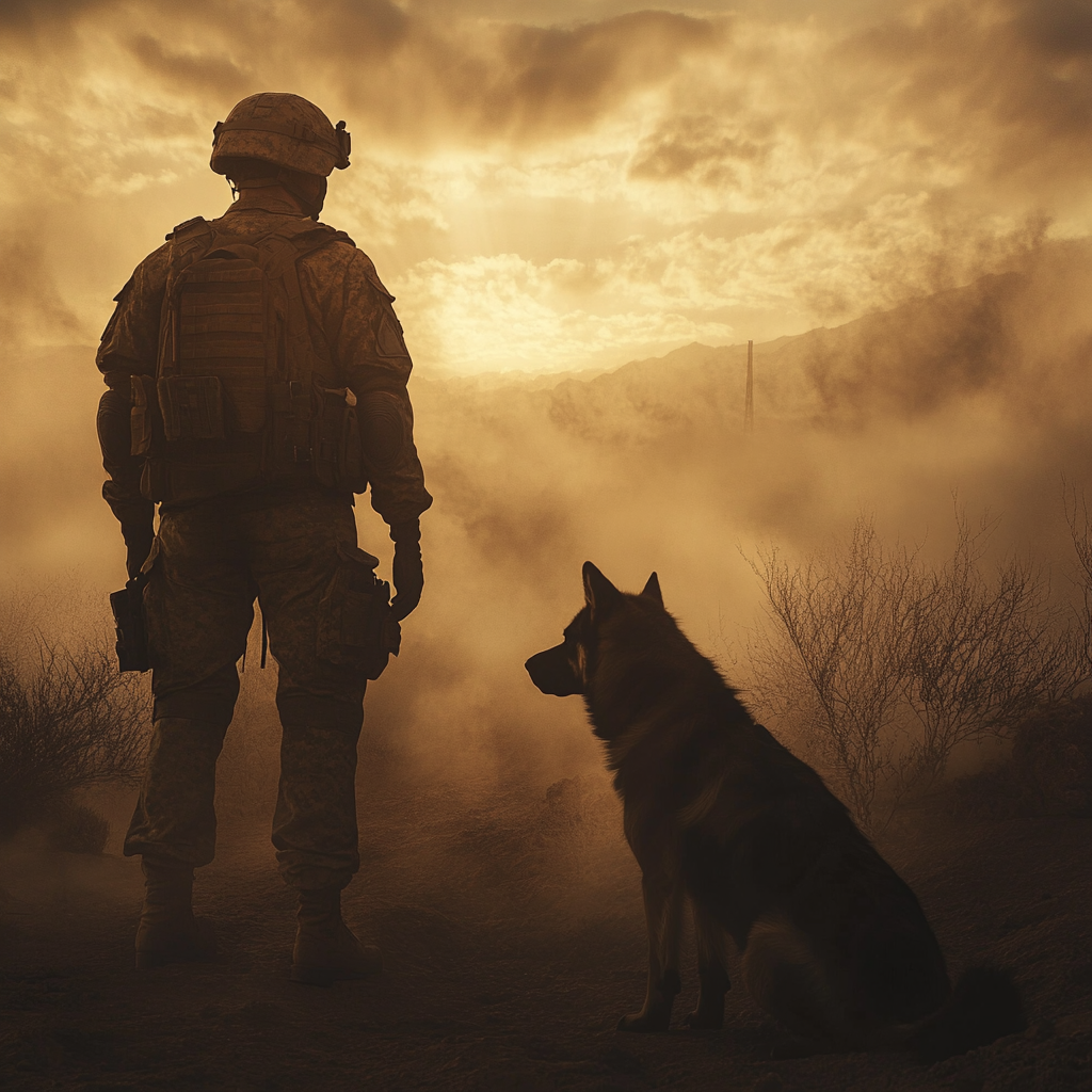 A soldier and his dog standing side by side in a war zone, reflecting silent loyalty and strength.