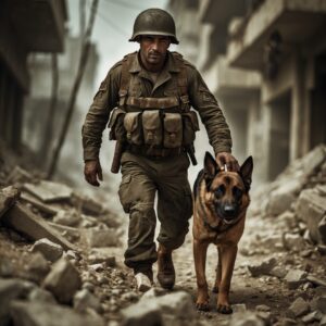 A soldier and his dog, Scout, in the midst of a dangerous mission, showcasing their teamwork and the unbreakable trust between them.