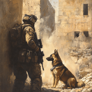 A German Shepherd standing guard, sensing danger as his soldier prepares for the next move in a chaotic battlefield.