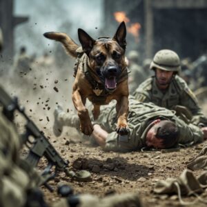 Rex, the courageous dog, charging into danger to protect his handler, Sergeant Miller, in the midst of a fierce ambush.