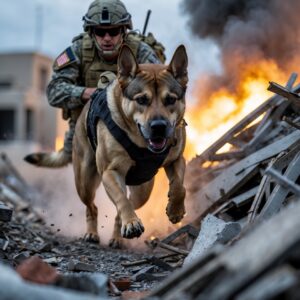Titan, the military dog, charging ahead to save his handler, a Navy SEAL, in the midst of an intense firefight.