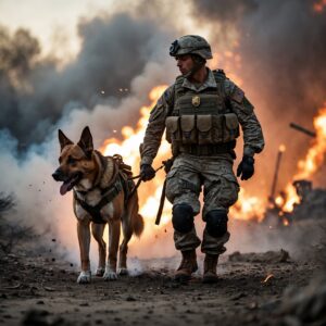 A brave German Shepherd, Ranger, guiding his handler to safety during a chaotic firefight, showcasing loyalty and courage.