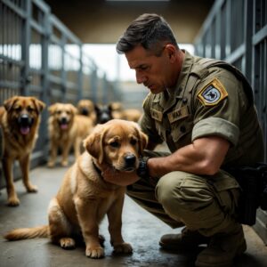 A touching moment of comfort as Sergeant Alexander gently reassures Max, his new companion, on the first day of training.