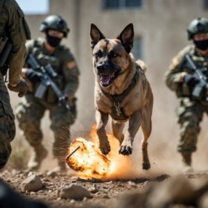 A military dog warning its team of explosives on the battlefield, showcasing loyalty and sharp instincts.