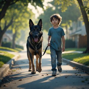 Rex, the loyal German Shepherd, walking beside Mason, showcasing their unspoken bond and synchronized steps as they patrol the neighborhood.