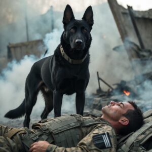 A courageous dog remains by his handler's side during a chaotic battle, embodying loyalty and bravery under fire.