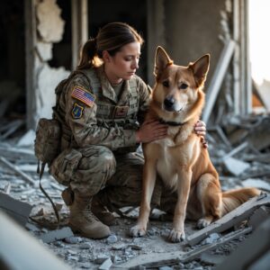 A soldier holding her wounded Belgian Malinois, Luna, in the midst of the devastation, symbolizing the ultimate sacrifice and unbreakable loyalty.