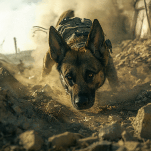 A military dog in action, sniffing for explosives during a high-stakes mission, embodying bravery and vigilance.