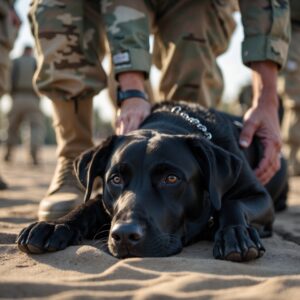 Luna resting at her handler’s feet during therapy, embodying their shared healing journey.