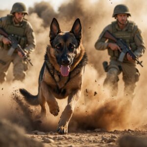 K9 Tango defending his fallen handler from enemy forces in an intense battle, showcasing unwavering loyalty and bravery.