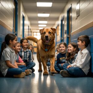 K9 Bear bringing comfort to a group of children in a school, transforming their anxiety into smiles.