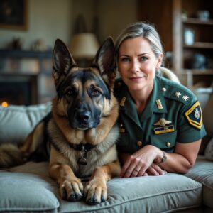 K9 Hunter and Sergeant Julia Carter sharing a peaceful moment at home, symbolizing their unbreakable bond and the calm after years of service.