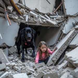 K9 Bella finding young Emily after hours of searching, showcasing her heroic act of saving a life amidst a disaster.