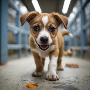 Hope, a once-broken puppy, now wagging her tail and taking her first steps toward a brighter future with her new human.