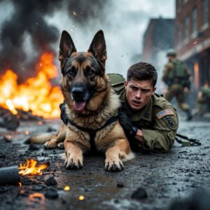 Sergeant Rex sacrificing himself to save a soldier's life in the heat of battle, showcasing his bravery and loyalty.