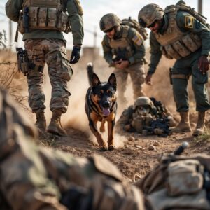 Niko, the military K9 hero, warning his team about hidden explosives, saving lives with his instincts.