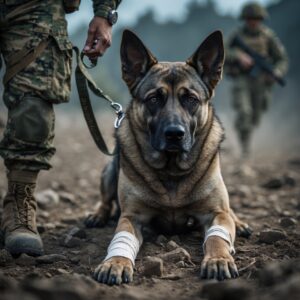 Titan, gravely injured, refusing to leave his fallen handler’s side, embodying loyalty and sacrifice in the face of danger.