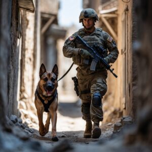 A soldier and his dog, Ares, working together in the field, showcasing their teamwork and trust during a critical mission.