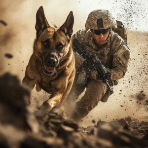 A brave dog mid-action, clearing rubble during a mission with his soldier, showing courage and alertness.