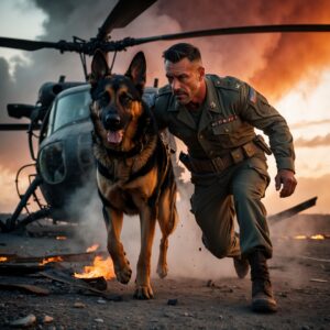 A heroic dog pulling his unconscious handler away from the wreckage of a helicopter during a life-saving rescue.