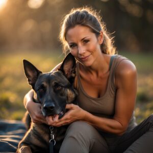 K9 trainer Emily and Bailey, the Belgian Malinois, sharing a quiet, peaceful moment together, illustrating their deep bond.