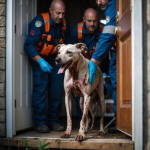 Bella being rescued from the abandoned home, her tail wagging despite her weakened state, symbolizing resilience and hope.
