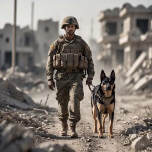  A soldier and his loyal dog walking together through the war-torn landscape, their bond stronger than ever as they face the challenges ahead.
