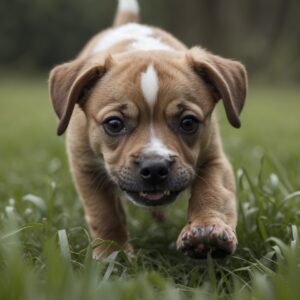 Bruno the dog taking his first steps on grass outside the shelter, a look of awe and freedom on his face as he embraces his new life.