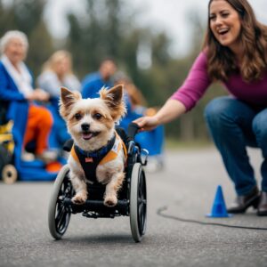 Hope, the courageous dog, using her custom wheelchair as she takes her first steps towards healing, with Melanie’s loving support.