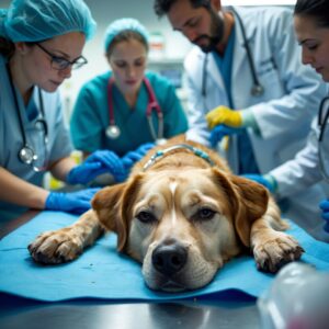 Charlie being cared for by veterinarians, slowly recovering from his traumatic experience, with Daniel by his side.