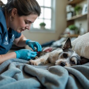 dog Lucky resting in his foster home, his road to recovery supported by love and patience from his foster mom, Megan.