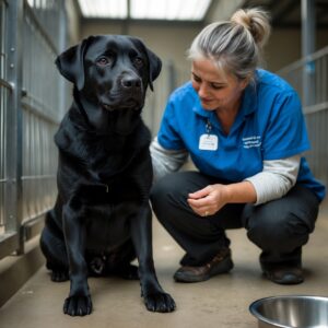 Shadow wagging his tail in gratitude as he receives love and care from a shelter volunteer after surviving abandonment.