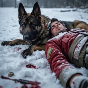 A heartbreaking moment of loyalty as Scout lies across Marcus’s body, refusing to leave his fallen handler.