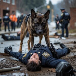 A loyal dog standing protectively over his injured handler, captured in a moment of profound sadness and devotion.