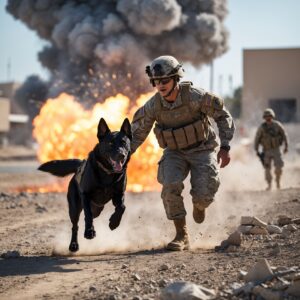 Shadow, the war dog, shielding Sgt. Miller from an explosion, showing his unwavering loyalty and bravery