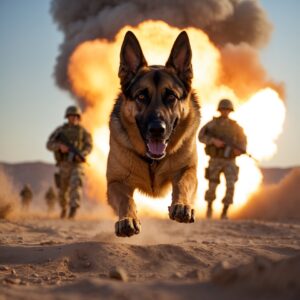  A military dog making a heroic move before an explosion in the desert.