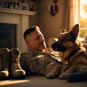 A soldier and his dog, Scout, enjoying a peaceful moment at home, symbolizing their unbreakable bond and the quiet of a well-earned rest.
