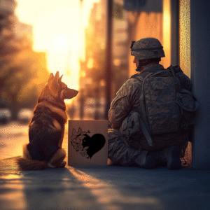 A peaceful moment between a soldier and his dog, sharing a quiet, emotional connection after years of service.