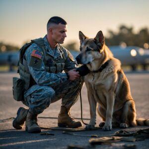 A Navy SEAL spending quiet moments with his beloved K9 partner, Titan, on their final day together, reflecting on years of service.