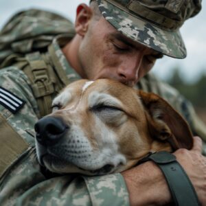 A soldier holding his dying dog, a moment of love and farewell as the dog peacefully passes.