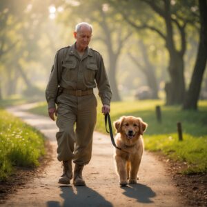 A retired soldier and his dog, Max, walking together in a peaceful park, their journey of healing and friendship continuing.