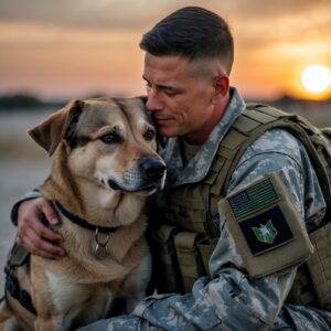 A military dog and its handler, sharing an emotional bond after a heroic mission, symbolizing courage and loyalty.