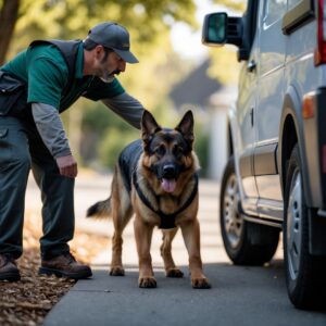 A moment of protection as Rex steps between Mason and the delivery driver, illustrating Rex's loyalty and instinctive guardianship of his young partner.