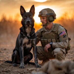 A peaceful moment between a loyal dog and his handler, after the chaos of battle, captured under the soft glow of sunset.