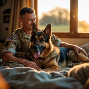 Echo, the retired hero, resting peacefully at home, his loyalty and courage now celebrated in a peaceful retirement.