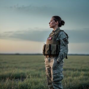 A soldier standing in solemn reflection, wearing Luna’s collar, honoring the memory of her loyal Belgian Malinois.