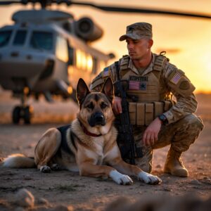 K9 Rex, a hero in battle, enjoys a peaceful retirement with his handler, their bond unbroken by time or war.