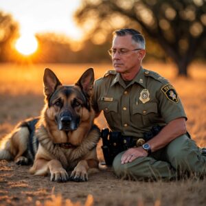 K9 Tango peacefully resting with his handler, Sergeant Henley, on a ranch, a symbol of their enduring bond after a lifetime of loyalty and sacrifice.