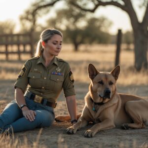 K9 Bear resting peacefully in retirement with his handler, Rachel McIntyre, symbolizing his heroic journey from war zones to classrooms.